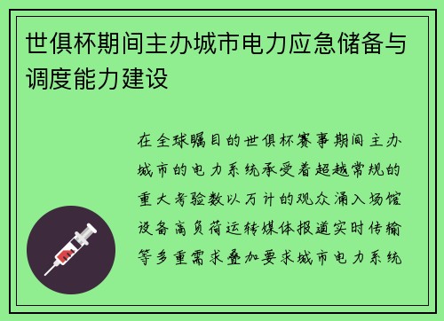 世俱杯期间主办城市电力应急储备与调度能力建设