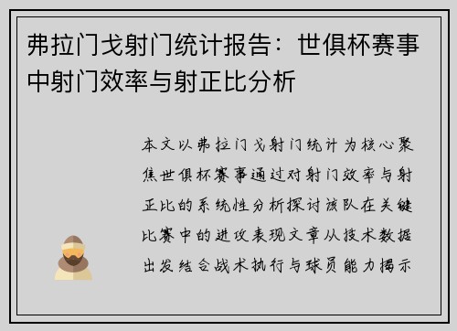 弗拉门戈射门统计报告：世俱杯赛事中射门效率与射正比分析